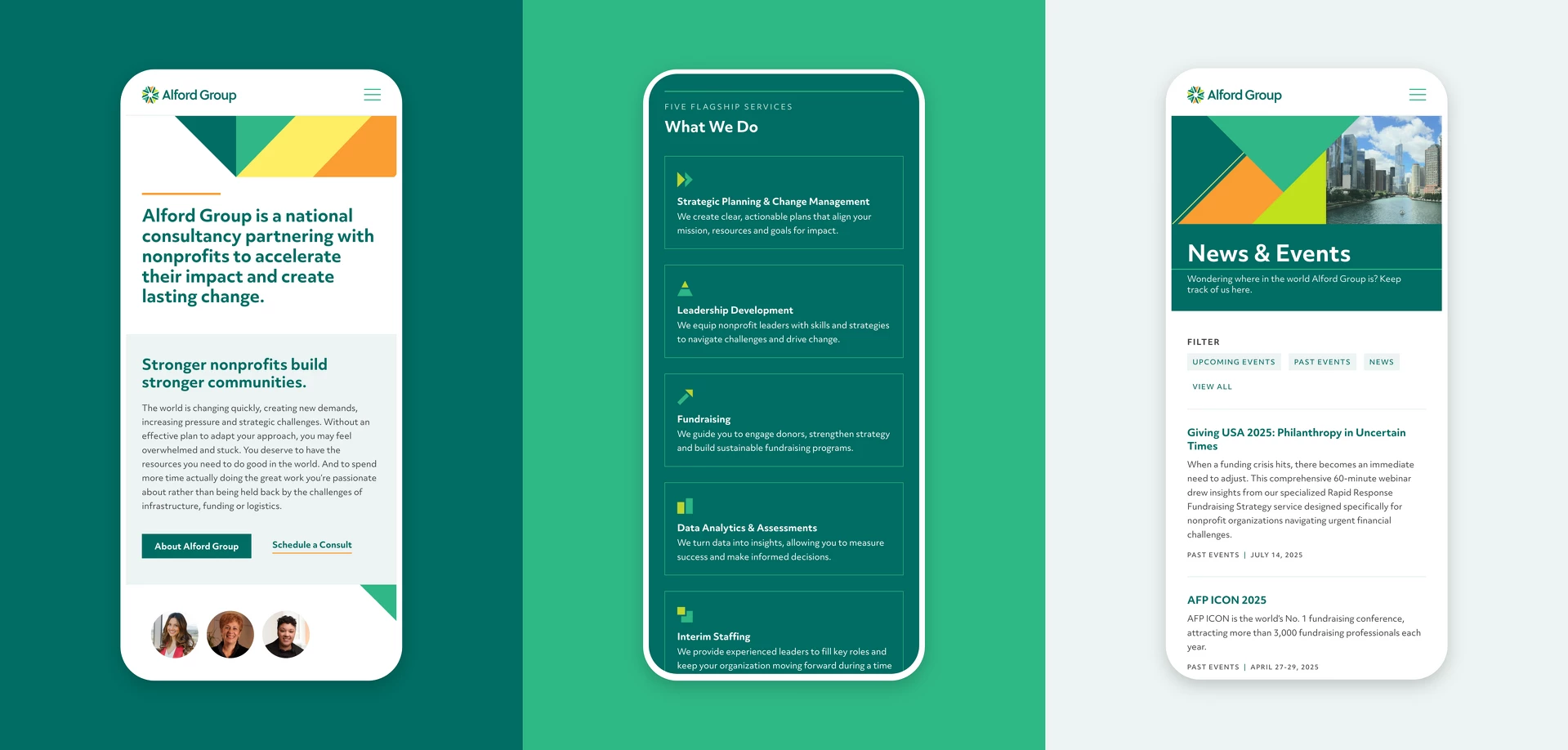 Two mobile screens from the Alford Group website.